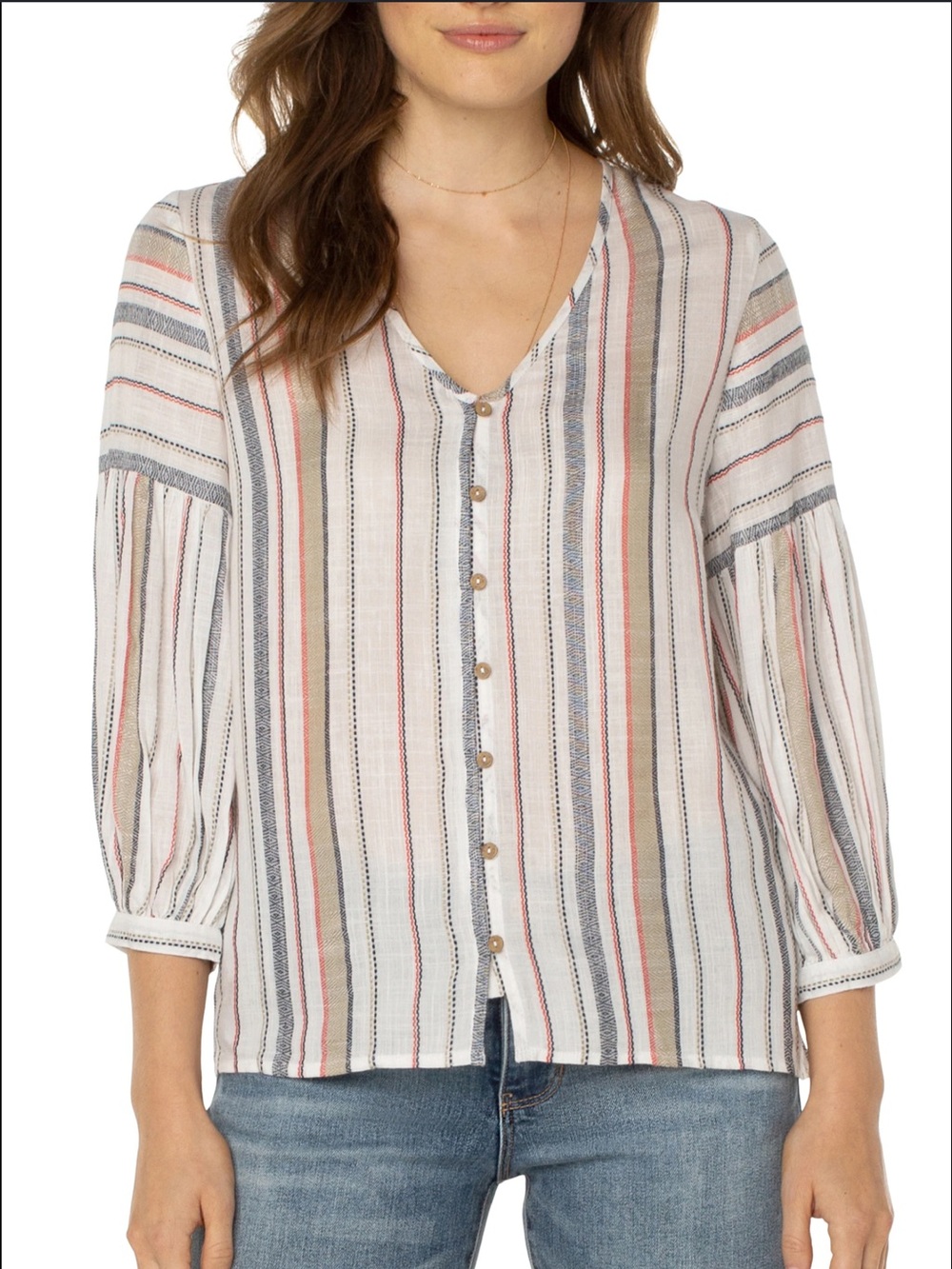 Liverpool Multi-textured Striped Peasant Blouse